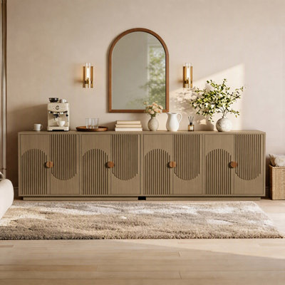 2-Piece 59" Modern 4-Door Storage Sideboard Buffet Cabinet with Adjustable Shelves, Modular Fluted Wood Accent Cabinet with Gold Handles for Living Room, Kitchen