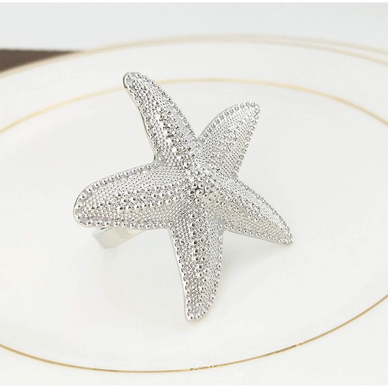 Anneaux de serviette en métal doré étoile de mer, ensemble de 4, Argent