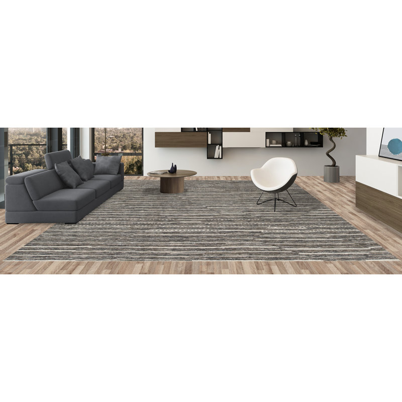 Striped Area Rug in Gray/Ivory, Rectangle 9' x 12'