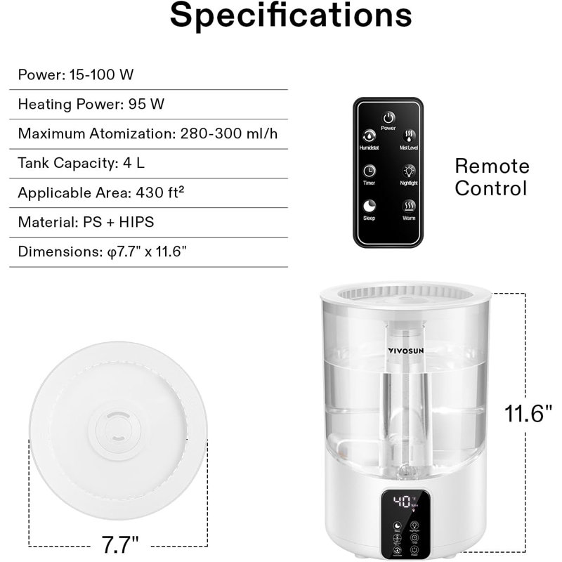 Humidificateur ultrasonique de table à vapeur double 1,06 gallons VIVOSUN avec humidistat réglable pour 430 pieds cubes