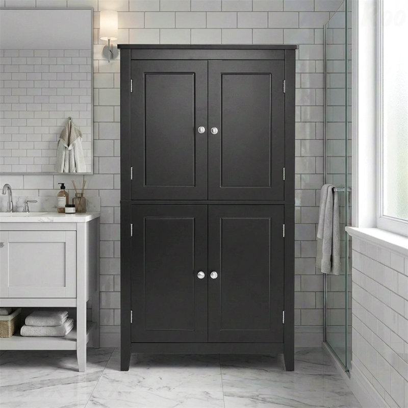 Élégante armoire de rangement de plancher de salle de bain à 4 portes avec tablettes réglables - Noir, Noir