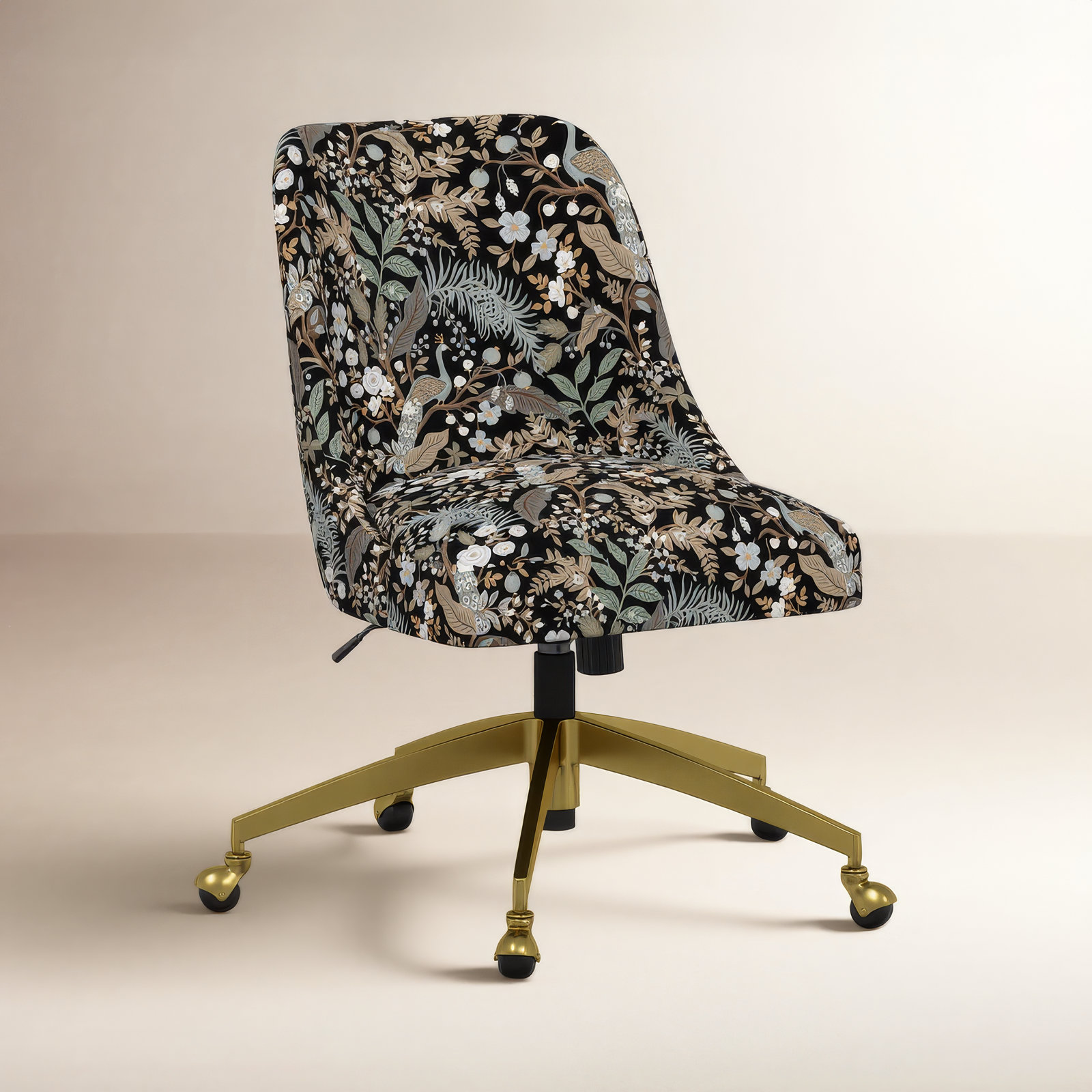 Rifle Paper Co. x Cloth & Company Brynn Office Chair, Rpc Peacock Black Linen, Gold