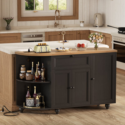 Farmhouse 55"W Coffee Bar With Outlet, Bar Cabinet With Drawer & 15 Wine Glass Rack