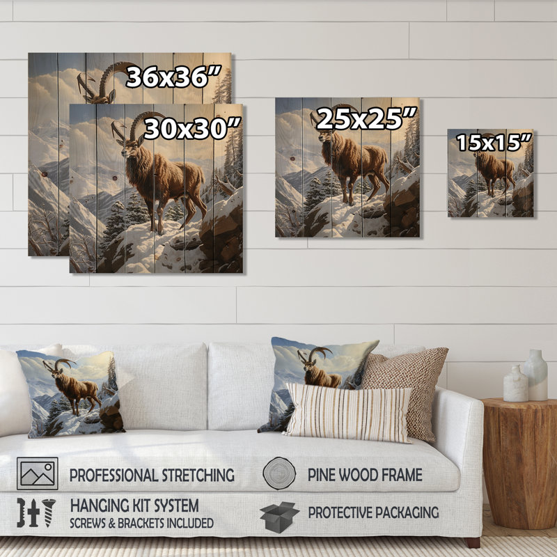 «Minimalist Goat Winter Mountain Adventure - Chèvre», reproduction sur bois, H 25 po x l 25 po
