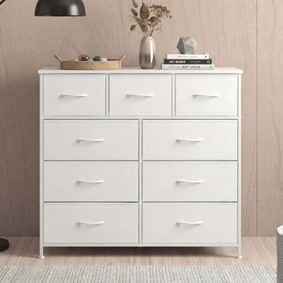 Commode 9 tiroirs pour chambre à coucher avec grande tour de rangement en bois et structure en acier Reinardo