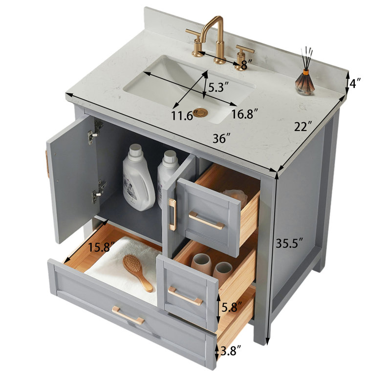 Fully Assembled 36" Freestanding Single Sink Bathroom Vanity with 2 Handle Sets