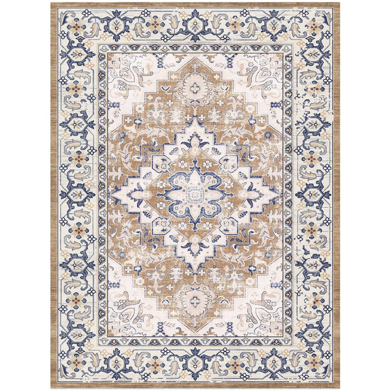 Eleana Vintage Distressed Washable Area Rug with Non-Slip Backing Brown Beige, Rectangle 5' x 7', Brown Beige