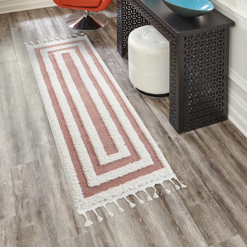Light Pink/White Geometric Machine Woven Polyester Area Rug, Runner 2' x 6'1"