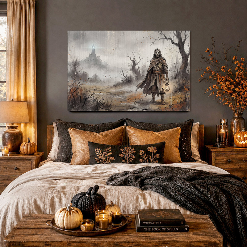 Art mural sur toile à capuche avec lanterne dans la forêt brumeuse d'Halloween, H 32 po x l 48 po