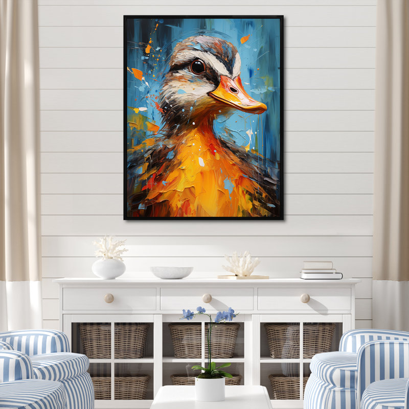 «Blue and Yellow Duck Portrait I - Duck Animal», art mural, Cadre photo blanc, H 40 po x l 30 po