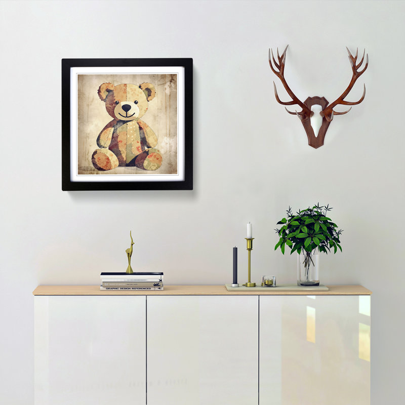 Teddy Bear Retro Art - Single Picture Frame Print on Wood, Black