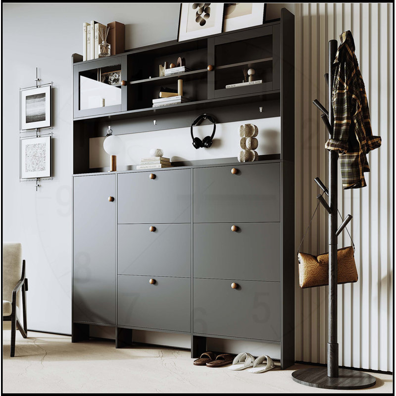 Multifunctional Tipping Bucket Shoe Cabinet with Storage Shelf & 6 Flip Drawers, Large Hall Tree with Tempered Glass Doors for Organized Living