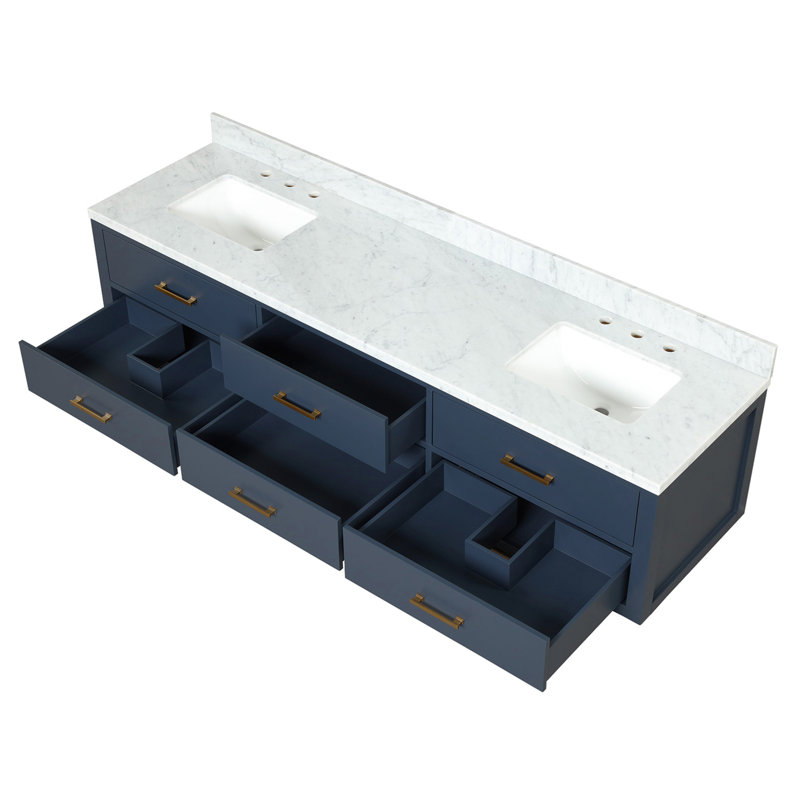 Double Bath Vanity with Carrara Marble Top and Faucet Set, Marbre, Bleu