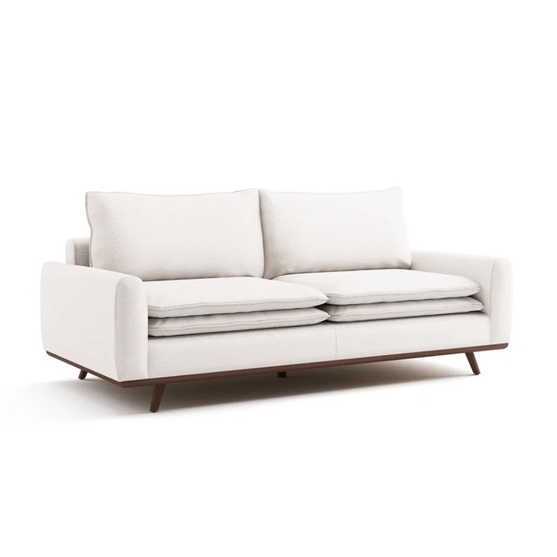 Canapé Yaana avec coussins en mélange de plumes, bois, 83 po, Blanc, Marron foncé