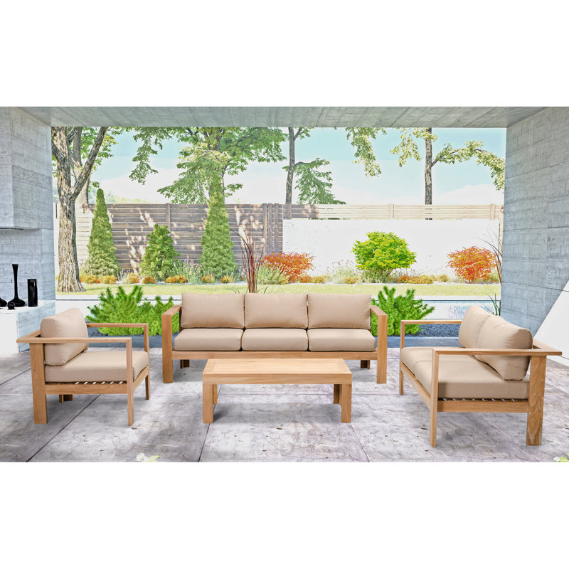Ando 4 Piece Teak Sofa Seating Group with Sunbrella Cushions, 4 Pcs: Table, Sofa, Loveseat, Chair, Cast Silver Sunbrella®