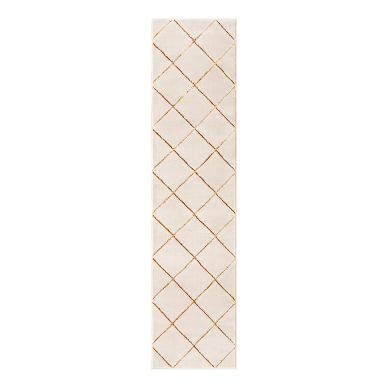 Tapis à carreaux blanc et doré Latitude Run® Nikica, Tapis de couloir 2 pi x 8 pi