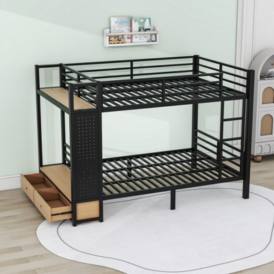 Metal Bunk Bed With Storage Shelves ,Drawers And Pegboard