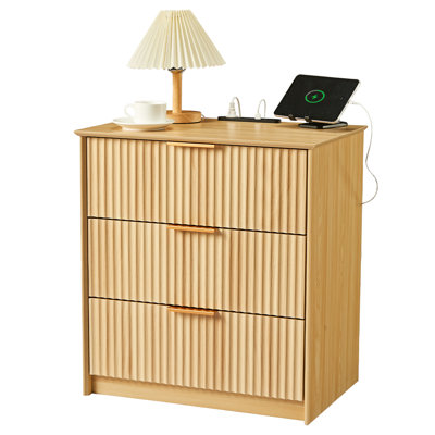 Wave Fluted 3 Drawer Bedside Table with USB Charging Ports Power Outlets Bedroom Storage Nightstand