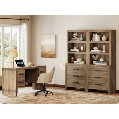 2 Piece Farmhouse Office Set With 54" Executive Desk & Storage Bookcases, Home Office Furniture Set With Power Outlet, 4 Drawers And 6 Drawer Bookcases For Study Room