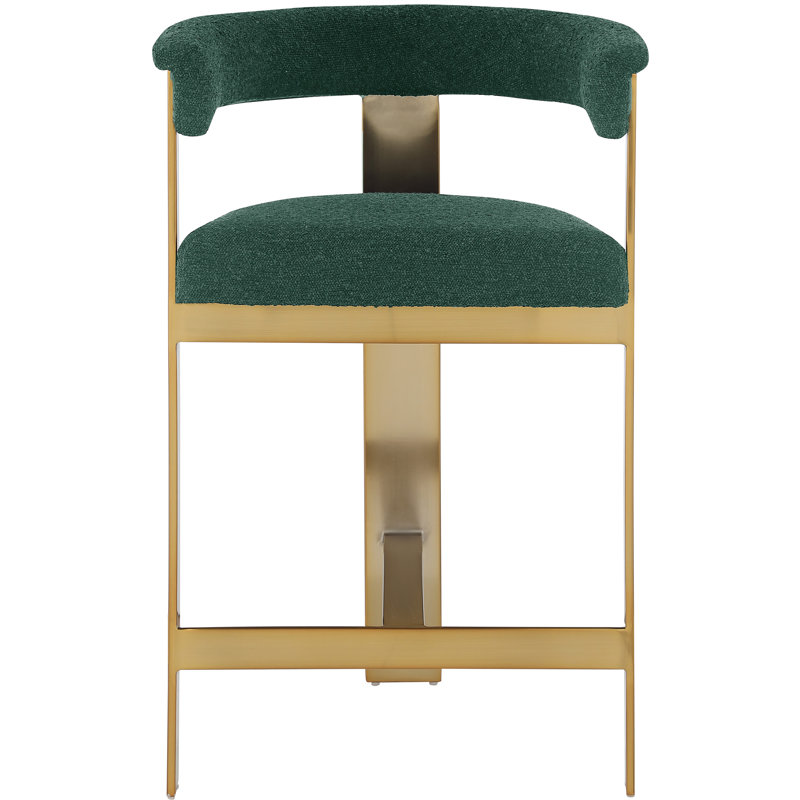 Tabouret de comptoir 26 po Romeo, Tissu bouclé vert, Or brossé
