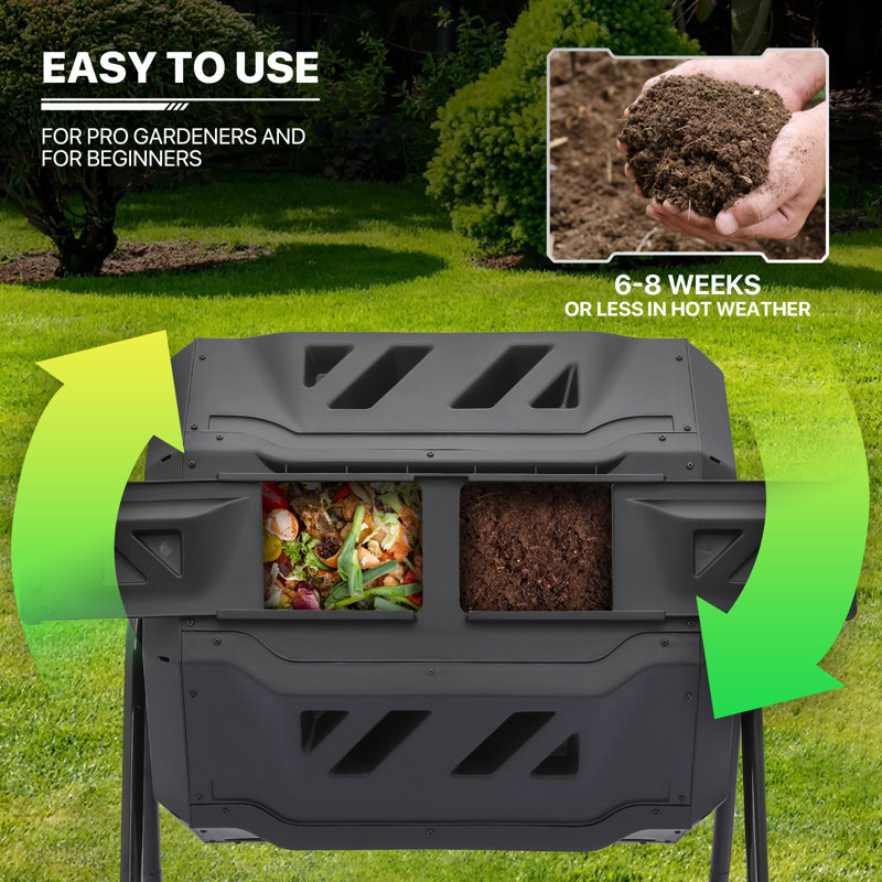 43 Gallon Black Dual Chamber Rotating Compost Tumbler with Gloves