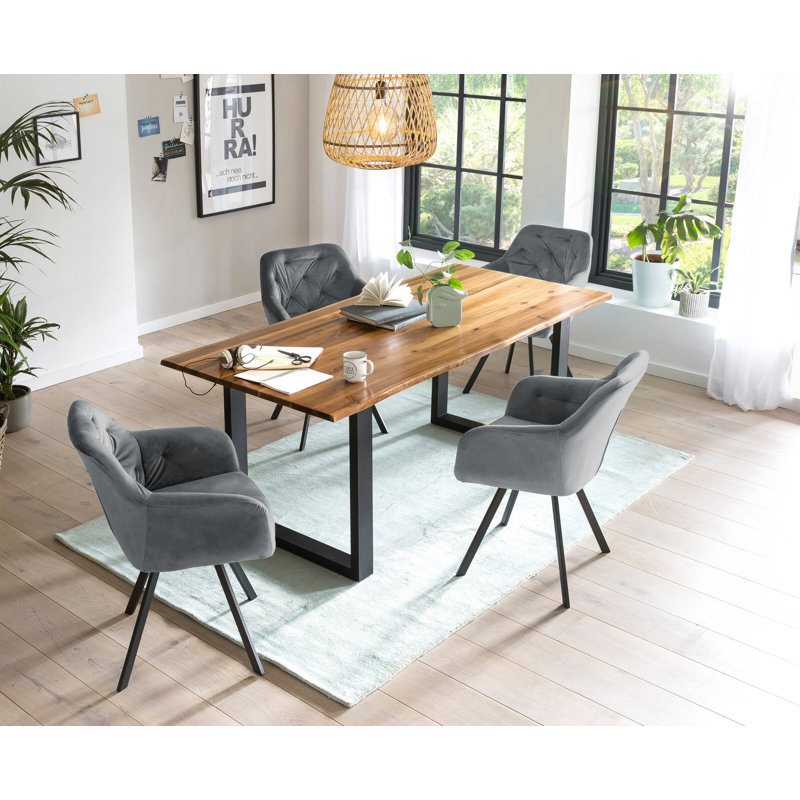 4 - Person Dining Set, 75cm H x 180cm W x 90cm D, Cognac/Gray/Black, Black/Gray/Cognac