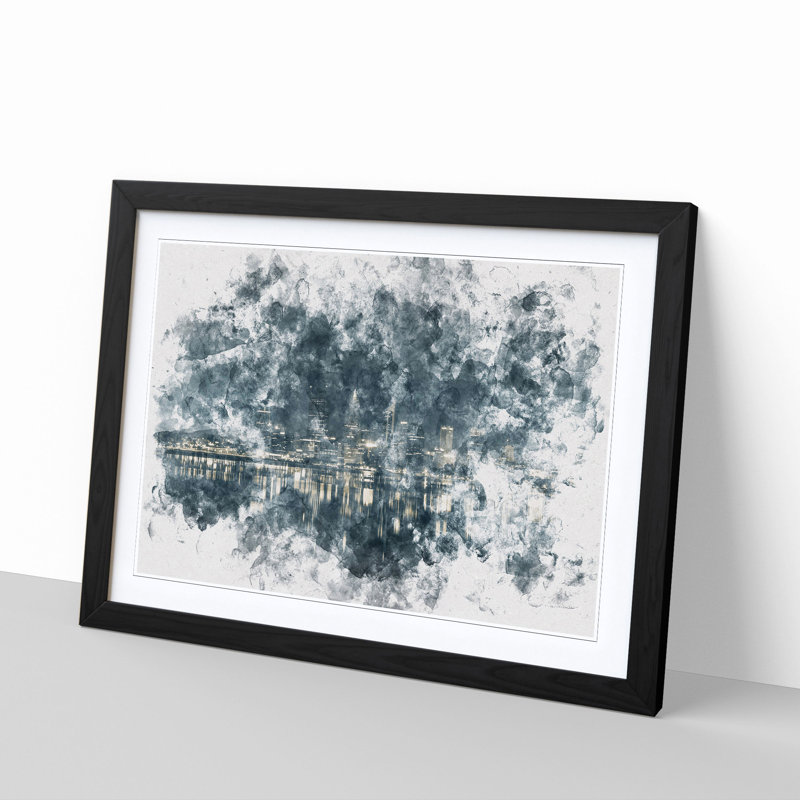 Perth City Skyline Australia at Night - Framed Print, 62cm H x 87cm W x 2cm D, Black Framed