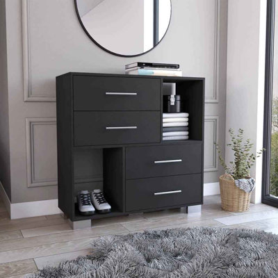 Commode Krista, deux tablettes ouvertes, quatre tiroirs