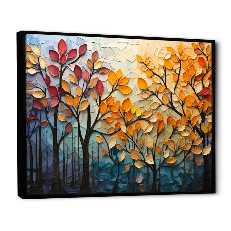 Leaves Autumnal Symphony Patchwork I - Décoration murale feuilles, H 30 po x l 40 po, Reproduction avec cadre flottant, Noir