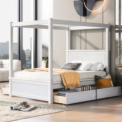Lit à baldaquin avec 4 tiroirs - Maximisez l'espace, améliorez le style de la chambre à coucher, la plateforme en bois massif, le style intemporel, le rangement supplémentaire