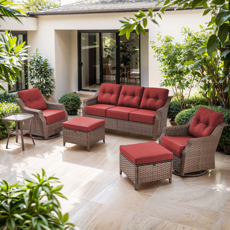 Acton 6-Piece Wicker Outdoor Seating Group with 6" Thick Cushions, Red