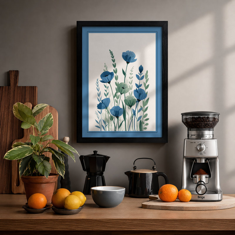 Blue Carnations in Watercolour Botanical - Framed Print, A4 - 29.7 x 21.0 cm, Black