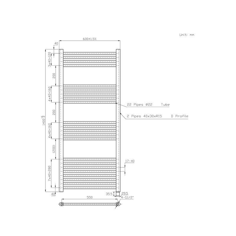 Straight Towel Rail Heated Towel Rails, Black, 140 cm H x 60 cm W x 3 cm D