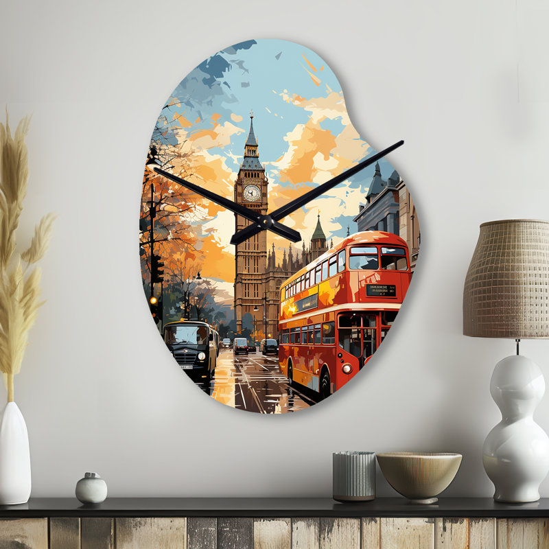 «Tejada Red Beige City London Popart II - London», forme unique en métal, horloge murale asymétrique traditionnelle, Petit