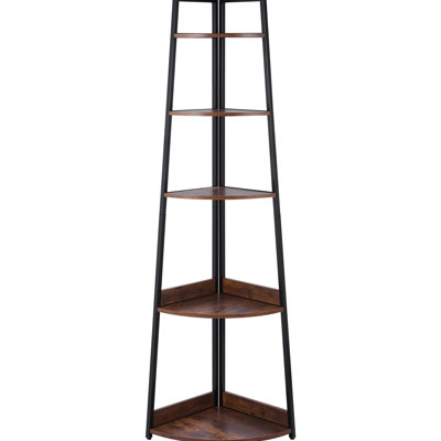 Bibliothèque d'angle à 5 niveaux avec rangement vertical à niveaux idéal pour exposer des casques d'écoute, des livres et des petites plantes - Matériaux, structure stable, tablette de protection des extrémités