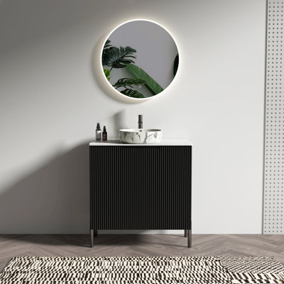 Meuble-lavabo autoportant de 30 po avec lavabo, grand meuble-lavabo autoportant pour salle de bain moderne, lavabo monobloc blanc Carrara sans drain ni robinet, KD