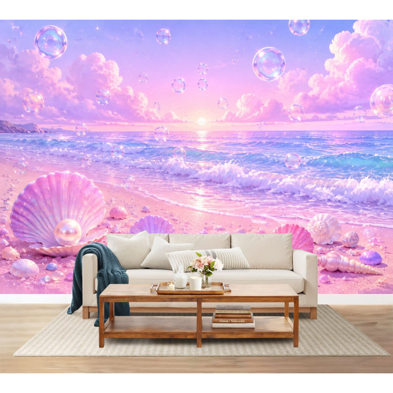 Papier peint adhésif peler et coller pastel rose plage coquillages étoile de mer bulles flottantes coucher de soleil papier auto-adhésif amovible contact mural pour le salon Chambre H 69 po x l 96 po