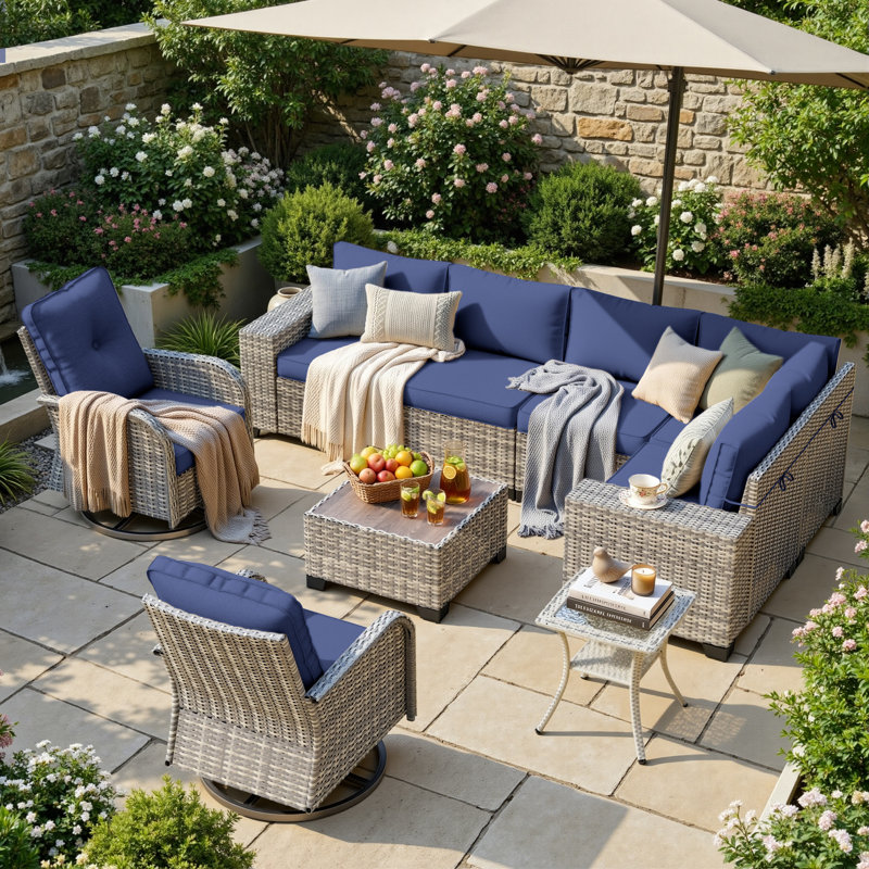 Ensemble de conversation 9 pièces pour patio en osier avec accoudoirs larges, canapé modulaire et chaises pivotantes 9 pièces