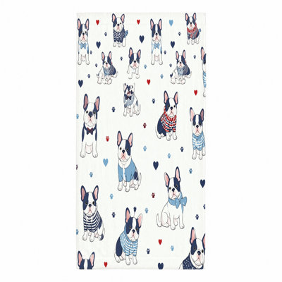1Pcs French Bulldog Beach Towel, featuring cute dog patterns in various outfits like bow ties and sweaters, swimming, travel, outdoor activities, artistic design, suitable teens.