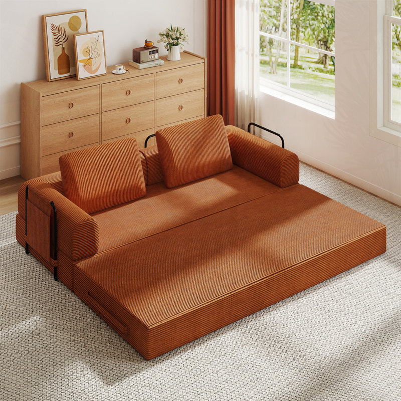 Canapé-lit convertible en velours côtelé avec coussin cylindrique Corduroy, Orange