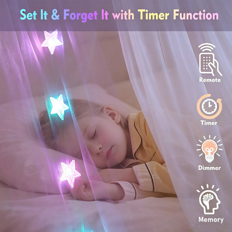 Ciel de lit blanc avec guirlande lumineuse étoilée 24 couleurs pour filles, rideaux de lit princesse à 8 coins avec guirlande lumineuse DEL à couleurs changeantes et télécommande pour chambre d'adultes et femmes