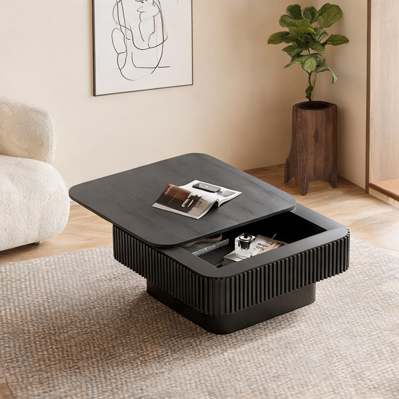 Table basse en placage de bois massif avec rangement rabattable, carré 31,5 po, noir profond
