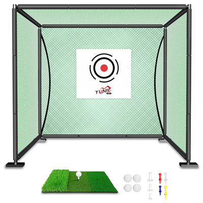  YUNIC Green 10ft x 8ft x 8ft Golf Driving Cage, Heavy-Duty Frame with Double-Layer Netting, Target Cloth & Hitting Mat, Indoor Outdoor Golf Practice Net