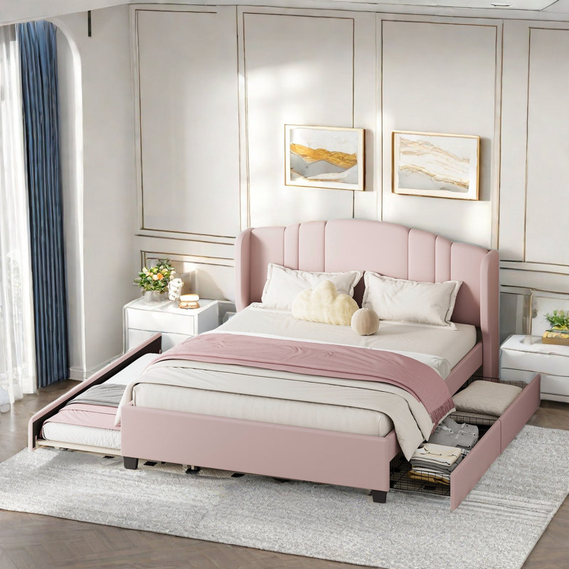 Lit plateforme tapissier avec tête de lit à oreilles, lit gigogne simple et 2 tiroirs, Rose