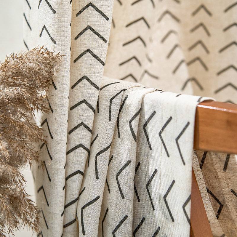 Printed Linen Farmhouse Boho Rod Pocket Curtains, 50" W x 84" L, Black