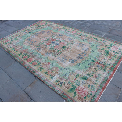 Grand tapis Oushak turc rétro - Luxueux tapis vert en laine idéal pour les chambres à coucher