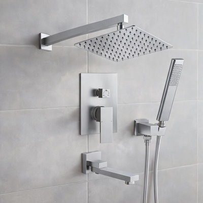 Système de douche avec nickel brossé, valve à pression équilibrée et pomme de douche à effet pluie, douchette à main