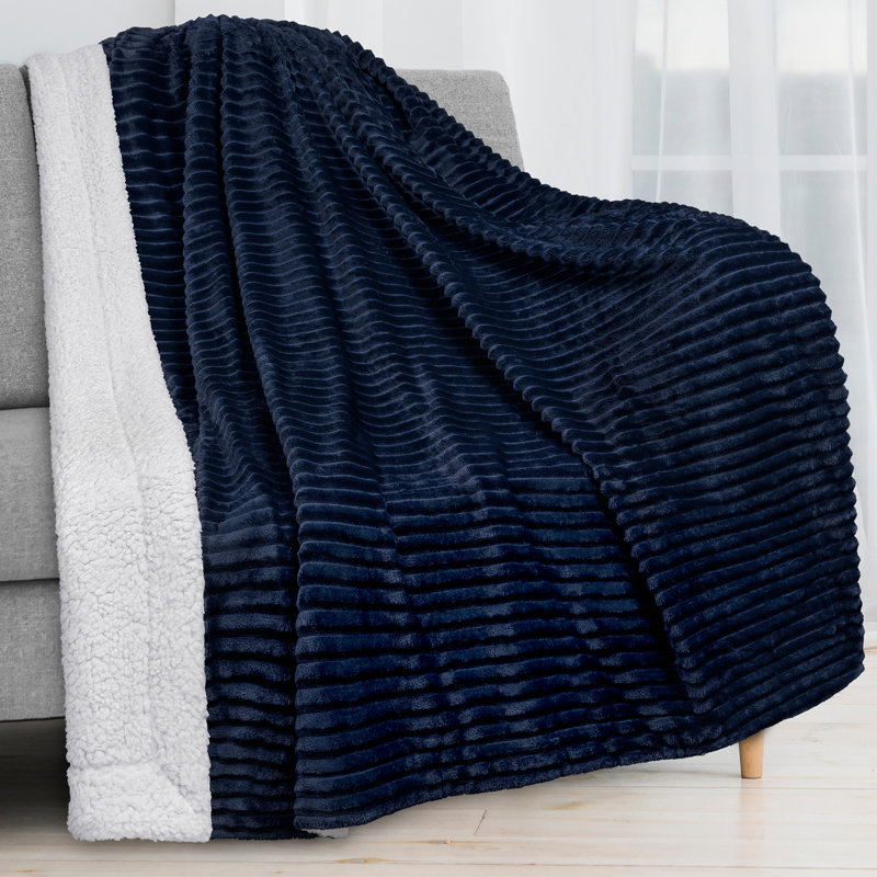 Jeté en molleton ultra doux Sherpa, couverture en microfibre côtelée chaude et confortable pour canapé-lit, Jeté, Bleu marine