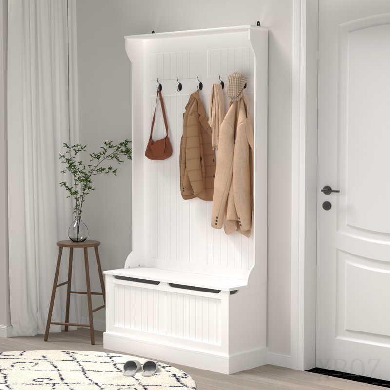 Entryway Bench with Standing Coat Rack, Hall Tree with Shoe Storage Bench, Entryway Organizer with 5 Hooks, White
