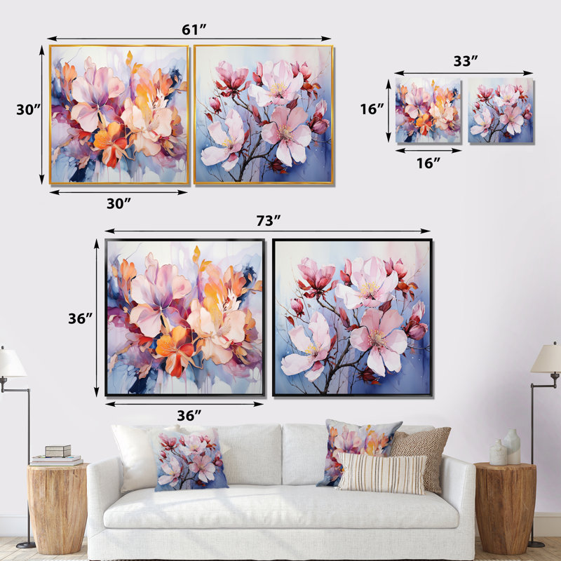 «Purple Botanical Whispers», ensemble de 2 collages carrés botaniques abstraits, Cadre flottant doré, H 16 po x l 33 po